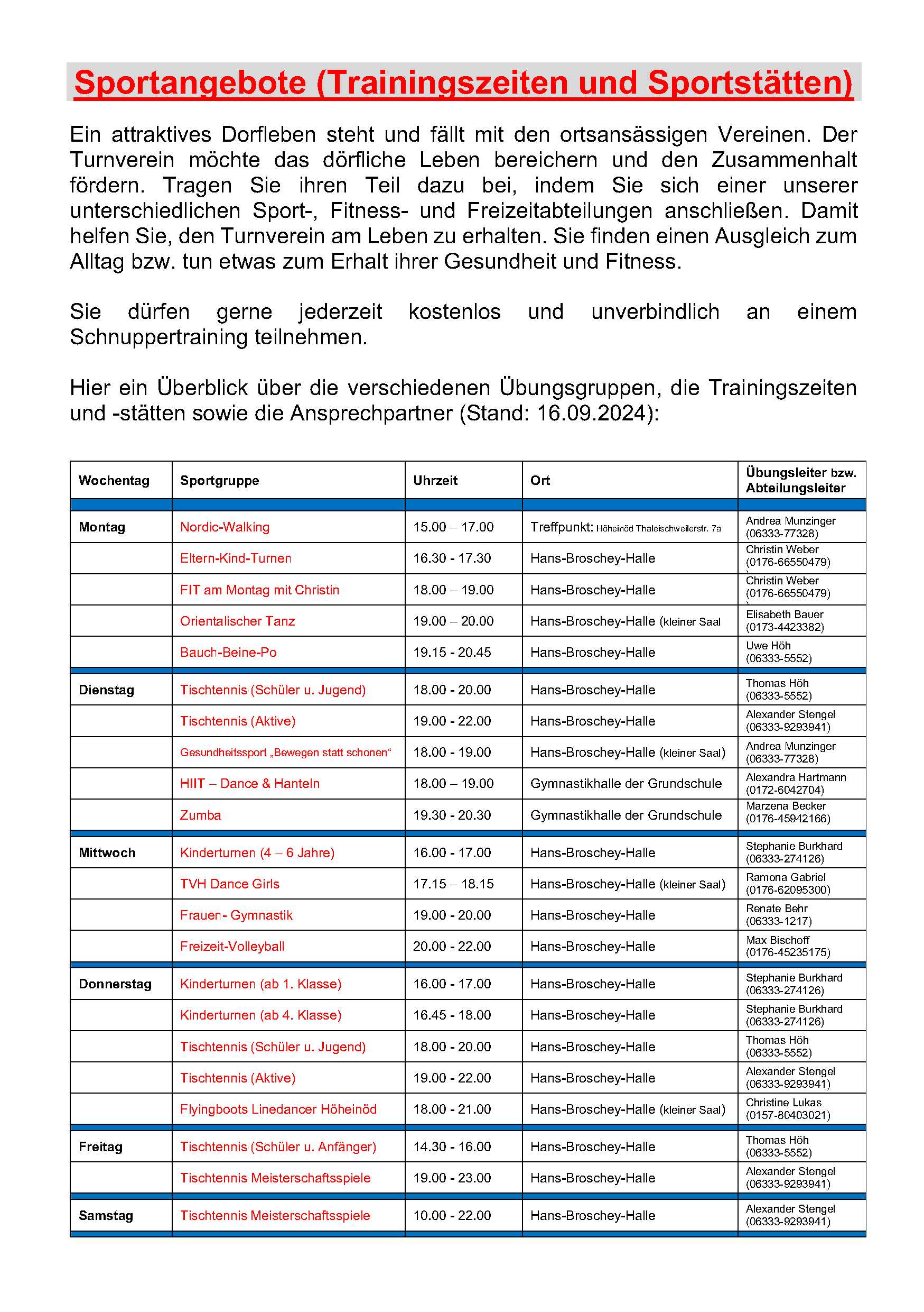 Sportangebote Trainingszeiten und Sportstatten 16.07.2024
